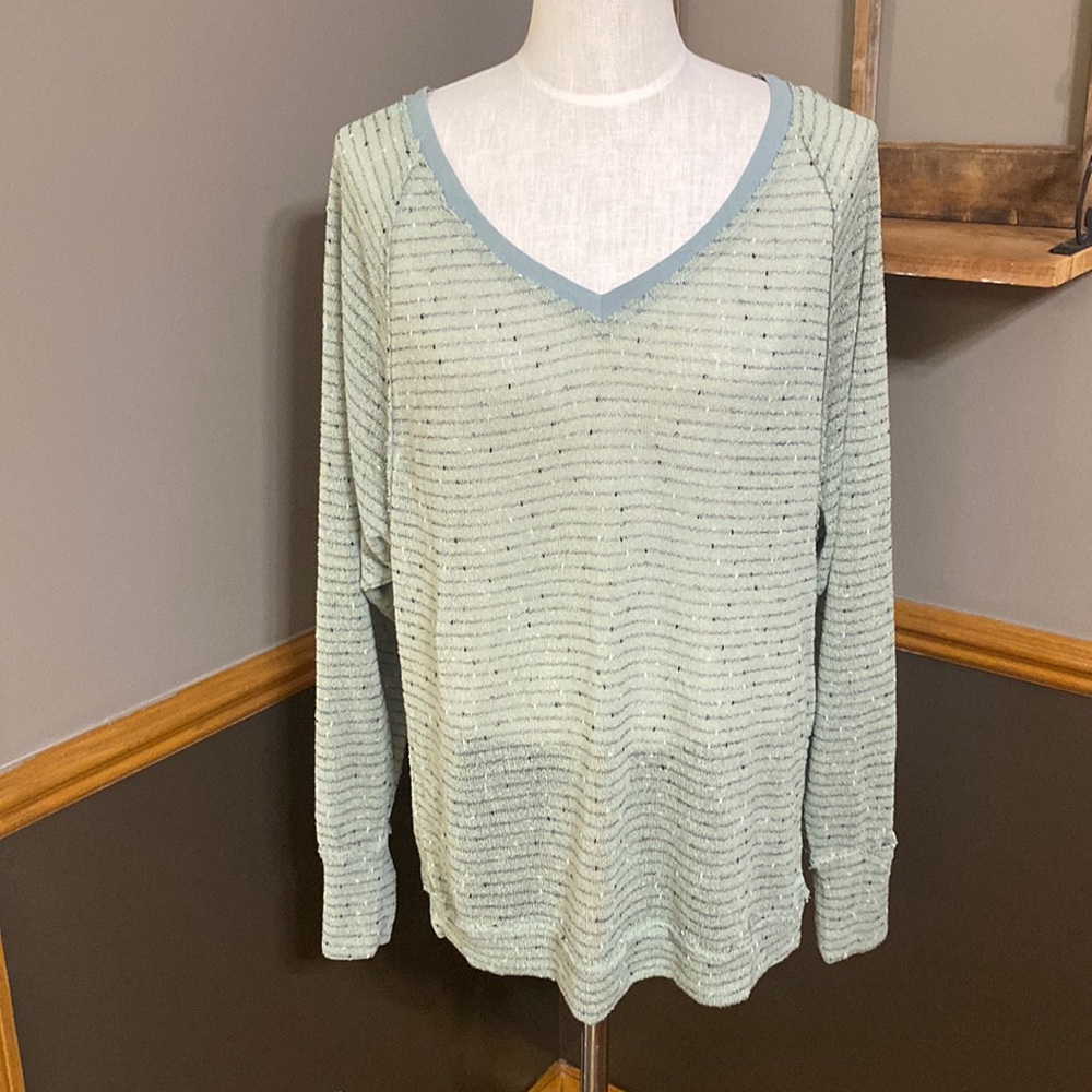 KORI America sage green semi sheer long sleeve v neck top size Small